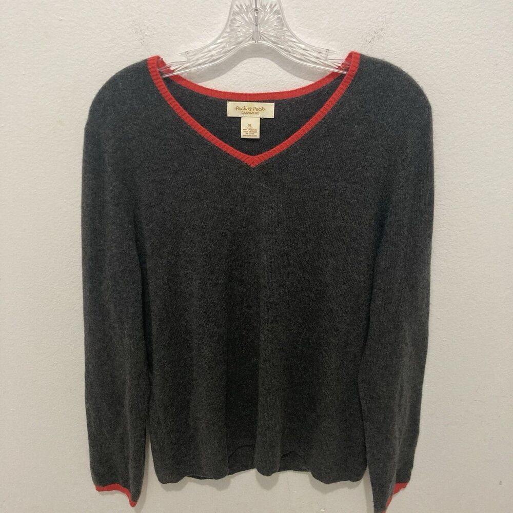Peck & Peck Gray Red V-neck Long Sleeve 2 Ply Cashmere Pullover Sweater XL